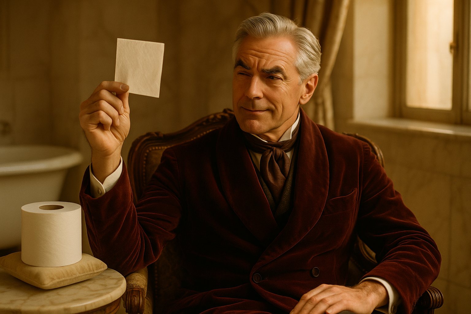 The Connoisseur in his velvet smoking jacket, examining a single square of toilet paper against the light
