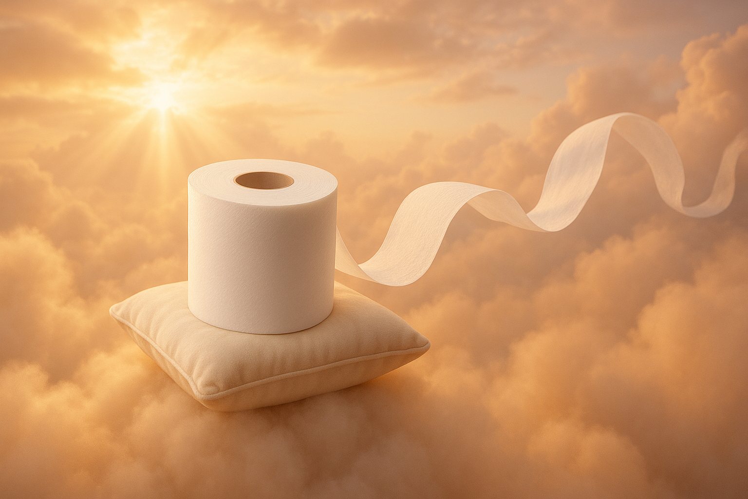 A roll of toilet paper on a velvet cushion floating among golden clouds