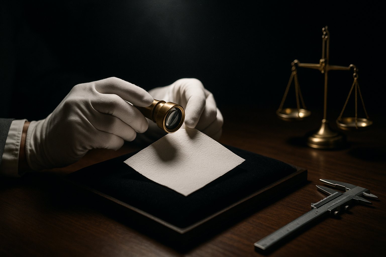 White-gloved hands examining a sheet of toilet paper with a jeweler's loupe in the laboratory