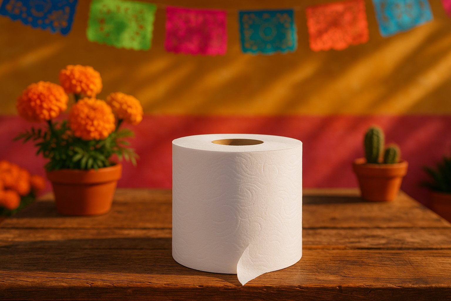 A roll of toilet paper displayed like a treasure at a colorful Mexican mercado