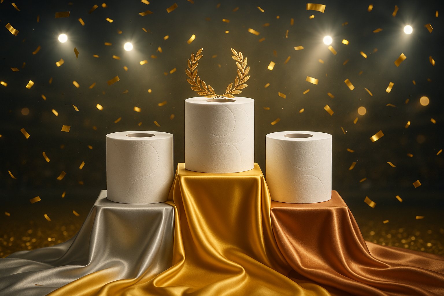 Three toilet paper rolls on a winners' podium under stadium lights