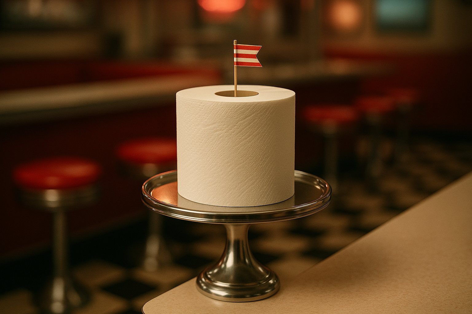 A roll of toilet paper on a chrome cake stand in a classic American diner